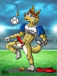  2017 abs animal_genitalia animal_penis anthro ball balls bottomless canine canine_penis castration clothed clothing erection eyewear feet fifa fur genital_mutilation goggles goggles_on_forehead knot male mammal mascot muscular muscular_male penis precum russia signature soccer soccer_ball solo sport vimz wolf zabivaka 