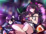  :3 ahoge bare_shoulders black_hair boyshorts breasts cat cat_ear_headphones chips cleavage closed_mouth commentary controller english_commentary food game_controller gamepad ghast_(osiimi) ghost headphones holding indian_style large_breasts long_hair mega_milk messy_hair microphone nyarla_(osiimi) original osiimi playing_games purple_eyes sitting smile smug strap_slip 