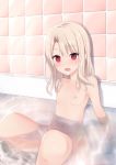  absurdres bangs bathing bathroom bathtub blush body_blush breasts collarbone commentary convenient_leg eyebrows_visible_through_hair fate/kaleid_liner_prisma_illya fate/stay_night fate_(series) highres illyasviel_von_einzbern knees_up long_hair looking_at_viewer natsu_(sinker8c) navel nipples nude open_mouth red_eyes sitting small_breasts smile solo tile_wall tiles water wet white_hair 