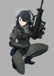  absurdres black_hair bodysuit brown_eyes bullpup earpiece gun highres holding holding_gun holding_weapon las91214 magazine_(weapon) one_knee original ponytail science_fiction simple_background solo weapon 