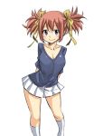  arms_behind_back bangs blue_eyes blue_shirt bow breasts cleavage collarbone eyebrows_visible_through_hair fairy_tail hair_between_eyes hair_bow kneehighs large_breasts long_hair looking_at_viewer mashima_hiro miniskirt official_art pleated_skirt red_hair sheria_blendy shirt short_sleeves simple_background sketch skirt smile standing twintails white_background white_legwear white_skirt yellow_bow 