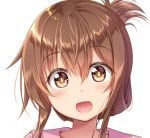  :d brown_eyes brown_hair commentary eyebrows_visible_through_hair folded_ponytail gurande_(g-size) hair_between_eyes head_tilt inazuma_(kantai_collection) kantai_collection light_blush long_hair looking_at_viewer open_mouth simple_background smile smug solo white_background 