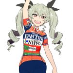  anchovy arm_up bangs bike_jersey bike_shorts black_ribbon blue_shorts clothes_writing commentary_request cowboy_shot drill_hair eyebrows_visible_through_hair girls_und_panzer green_hair hair_ribbon highres italian italian_flag japanese_flag logo long_hair looking_at_viewer nippo_vini_fantini onsen_tamago_(hs_egg) open_mouth partially_translated red_eyes red_shirt ribbon shirt short_sleeves shorts simple_background smile solo standing translation_request twin_drills twintails v-shaped_eyebrows white_background zipper zipper_pull_tab 