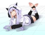  arm_support barefoot cat_hoodie character_request collar eiji_(eiji) feet hand_on_face hoodie long_hair looking_at_viewer lying purple_hair simple_background skirt smile soles teeth thighhighs thighs toeless_legwear toes yellow_eyes 