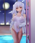  absurdres blue_eyes breasts cloud cloudy_sky competition_swimsuit door highleg highleg_swimsuit highres kantai_collection kashima_(kantai_collection) large_breasts long_sleeves moon night night_sky one-piece_swimsuit pool sarfata silver_hair sky solo swimsuit thigh_gap twintails water wet wet_clothes wet_swimsuit white_swimsuit window 