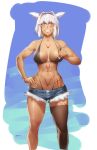  animal_ears bangs bare_shoulders bikini bikini_top bikini_under_clothes black_legwear blue_eyes breasts caenis_(fate) cleavage collarbone commentary_request cutoffs dark_skin denim denim_shorts fate/grand_order fate_(series) grin hair_between_eyes hair_intakes hairband highleg highleg_bikini kasei_yukimitsu large_breasts long_hair looking_at_viewer multicolored multicolored_background muscle muscular_female navel shorts single_thighhigh smile solo standing swimsuit tattoo thighhighs toned white_hair 