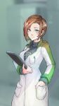  absurdres blue_eyes brown_hair commentary english_commentary hand_in_pocket highres long_sleeves looking_at_viewer moira_vahlen olegna_zueqram pen_in_pocket short_hair tablet turtleneck x-com 