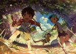  all_male animal brown_eyes brown_hair clouds crab grass male noeyebrow_(mauve) original short_hair shorts signed sky water 