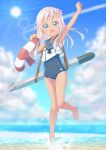  :o arm_up armpits barefoot beach blonde_hair blue_eyes cloud covered_navel day flower full_body gurande_(g-size) hair_flower hair_ornament highres kantai_collection lens_flare lifebuoy long_hair looking_at_viewer ocean one-piece_swimsuit open_mouth outdoors raised_fist ro-500_(kantai_collection) school_swimsuit sky smile solo standing standing_on_one_leg sun swimsuit tan tanline torpedo water wet 