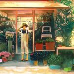  blue_shirt brown_eyes brown_hair closed_mouth commentary_request flower gemi hat looking_at_viewer original overalls plant pot potted_plant sandals shirt short_hair short_sleeves smile solo standing yellow_hat 