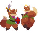  2018 anthro big_butt butt canine clothing digital_media_(artwork) female fox hi_res holding_object holding_weapon looking_at_viewer looking_back mammal melee_weapon shield short_stack simple_background solo sssonic2 sword thick_thighs tunic tunic_(video_game) weapon white_background 