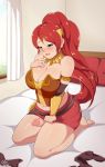  aqua_eyes bare_shoulders barefoot bed black_legwear blush breasts commentary curtains erection exlic futanari highres indoors large_breasts legwear_removed long_hair on_bed open_mouth penis pillow plump ponytail pyrrha_nikos red_hair rwby seiza sitting solo thighs toes uncensored very_long_hair 