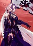  absurdly_long_hair armor armored_boots armored_dress banner black_gloves blood blood_on_face bloody_clothes blue_dress boots dress fate/grand_order fate_(series) floating_hair gloves grin highres holding holding_weapon index_finger_raised jeanne_d'arc_(alter)_(fate) jeanne_d'arc_(fate)_(all) kikken long_hair no_panties outdoors silver_hair sleeveless sleeveless_dress smile solo standing thigh_boots thighhighs very_long_hair weapon yellow_eyes 