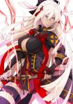  ahoge black_bow bow breasts cleavage cleavage_cutout commentary_request dark_skin dress fate/grand_order fate_(series) hair_between_eyes hair_bow hair_ornament large_breasts long_hair okita_souji_(alter)_(fate) okita_souji_(fate)_(all) open_collar red_bow sami_(object_dump) scabbard sheath solo sword thigh_strap thighhighs underbust very_long_hair weapon yellow_eyes 