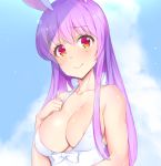  animal_ears areola_slip areolae breasts bunny_ears collarbone commentary_request covered_nipples eyebrows_visible_through_hair hand_on_own_chest hashimoto_w.s. long_hair looking_at_viewer medium_breasts purple_hair red_eyes reisen_udongein_inaba smile solo touhou upper_body 