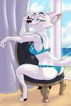  2018 akiric anthro arctic_fox bedroom_eyes blue_eyes bra breasts butt canine chair cheek_tuft clothed clothing curtains disney female fox half-closed_eyes inside looking_at_viewer looking_back mammal panties rear_view seductive sitting skye_(zootopia) smile solo tuft underwear window zootopia 