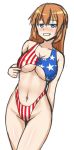  american_flag american_flag_print american_flag_swimsuit arm_behind_back blue_eyes blush breasts brown_hair charlotte_e_yeager cleavage covered_nipples flag_print grin groin hachimitsu-b highleg highleg_swimsuit large_breasts long_hair navel navel_cutout nose_blush one-piece_swimsuit smile solo strike_witches swimsuit thigh_gap thighs underboob white_background world_witches_series 
