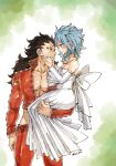  1girl back_bow ban_(nanatsu_no_taizai) ban_(nanatsu_no_taizai)_(cosplay) black_hair blue_hair blush bow breasts brown_eyes cleavage collarbone cosplay couple dress elaine elaine_(cosplay) eye_contact fairy_tail gajeel_redfox groin highres holding_person jacket levy_mcgarden long_dress long_hair looking_at_another medium_breasts nanatsu_no_taizai open_clothes open_jacket pants parted_lips red_jacket red_pants rusky shiny shiny_clothes signature sketch sleeveless sleeveless_dress smile standing striped striped_dress wedding_dress white_bow white_dress 