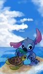  2018 3_toes 4_fingers alien birdmir blue_claws blue_eyes blue_fur blue_nose chest_tuft claws digital_drawing_(artwork) digital_media_(artwork) disney experiment_(species) feral fur head_tuft hi_res leaf lilo_and_stitch no_sclera notched_ear outside reptile scalie sea signature sitting sky stitch toes tuft turtle water white_pupils 