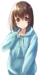  blue_hoodie blush bright_pupils brown_eyes brown_hair closed_mouth commentary_request copyright_request eyebrows_visible_through_hair gurande_(g-size) hair_between_eyes hood hoodie long_sleeves looking_at_viewer short_hair sleeves_past_wrists smile solo upper_body 