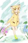  :d alternate_costume animal_ears blonde_hair boots cat_ears cat_tail commentary extra_ears eyebrows_visible_through_hair full_body green_eyes highres kemono_friends leaf looking_at_viewer medium_hair open_mouth puddle raincoat rubber_boots sand_cat_(kemono_friends) shiraha_maru smile solo striped_tail tail walking 