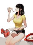  bare_arms bare_legs black_eyes black_hair breasts can cheese cleavage coca-cola eating eyelashes food green_pepper gym_shorts highres holding holding_food holding_plate jun_(seojh1029) large_breasts legs olive original pepperoni pizza pizza_box plate product_placement shirt short_shorts short_sleeves shorts side_slit side_slit_shorts simple_background single_vertical_stripe sitting soda_can solo white_background yellow_shirt 