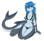  2018 ambris anthro bikini blue_eyes blue_hair breasts cleavage clothed clothing digital_media_(artwork) ear_piercing erika_(ambris) female fish hair hi_res long_hair marine navel non-mammal_breasts piercing shark simple_background smile solo swimsuit white_background 