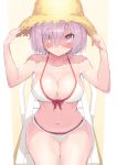 bare_shoulders bikini blush breasts cleavage collarbone commentary_request eyes_visible_through_hair fate/grand_order fate_(series) hair_over_one_eye hat highres jonsun large_breasts looking_at_viewer mash_kyrielight purple_eyes purple_hair short_hair sitting solo straw_hat swimsuit swimsuit_of_perpetual_summer white_swimsuit 