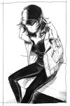  andou_(girls_und_panzer) baseball_cap border casual commentary double_vertical_stripe girls_und_panzer greyscale hands_in_pockets hat hat_over_one_eye highres jacket leaning_forward looking_at_viewer messy_hair monochrome open_clothes open_jacket shirt shutou_mq sitting sketch solo 