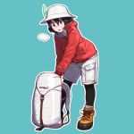  :o adapted_costume alternate_costume aqua_background backpack bag black_hair black_legwear blue_eyes breath brown_footwear cross-laced_footwear full_body hat hat_feather highres hood hooded_jacket jacket kaban_(kemono_friends) kemono_friends leaning_forward logo long_sleeves onsen_tamago_(hs_egg) open_mouth pantyhose pantyhose_under_shorts pocket red_jacket shoes short_hair shorts simple_background solo standing white_hat white_shorts winter_clothes 