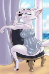  2018 akiric anthro arctic_fox bedroom_eyes blue_eyes breasts butt canine chair cheek_tuft chemise clothed clothing curtains disney female fox half-closed_eyes inside looking_at_viewer looking_back mammal no_underwear rear_view seductive sitting skye_(zootopia) smile solo tuft upskirt window zootopia 