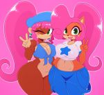  2018 5_fingers anthro ape bandicoot big_breasts blush bottomless breast_squish breasts breasts_frottage cleavage clothed clothing coco_bandicoot crash_bandicoot_(series) crop_top crossover deep_navel digital_media_(artwork) dixie_kong donkey_kong_(series) duo ear_piercing featureless_crotch female green_eyes hair hi_res looking_at_viewer mammal marsupial midriff navel nintendo one_eye_closed pants piercing pink_hair primate shirt smile sssonic2 thick_thighs tongue tongue_out v_sign video_games voluptuous wide_hips wink 