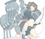  arrow_in_mouth black_skirt bow_(weapon) brown_eyes brown_hair cannon commentary_request flight_deck hachimaki hair_ribbon headband holding holding_sword holding_weapon ise_(kantai_collection) kantai_collection katana looking_to_the_side machinery mouth_hold ninimo_nimo panties pantyshot pantyshot_(squatting) plaid plaid_skirt ponytail remodel_(kantai_collection) ribbon rigging sandals sarashi short_hair simple_background skirt solo squatting sword turret underwear weapon white_panties 