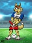 2018 abs anthro balls canine clothed clothing erection eyewear feet fifa fur goggles goggles_on_forehead holding_penis male mammal mascot muscular muscular_male pants_down partially_clothed penis precum russia soccer solo sport vimz wolf world_cup zabivaka 