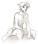  anthro canine dog freckles green_eyes greyscale hair looking_at_viewer male mammal monochrome nude reservoirdog_(artist) sitting sketch smile solo weredog 