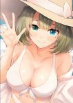  anza_tomo bangs bare_shoulders bikini blue_eyes breasts brown_hair cleavage collarbone commentary dress eyebrows_visible_through_hair gown green_eyes hand_up hat heterochromia highres idolmaster idolmaster_cinderella_girls large_breasts leaning_forward mole mole_under_eye navel open_clothes short_hair smile solo sun_hat swept_bangs swimsuit takagaki_kaede waving white_bikini 