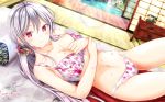  bikini cherry_blossoms girlfriend_(kari) gray_hair long_hair masa_(mirage77) navel phone pink_eyes ponytail shigetou_akiho swimsuit water watermark 