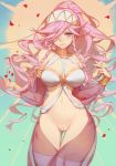  absurdres ass_visible_through_thighs bare_shoulders braid breasts closed_mouth cowboy_shot dancer detached_sleeves fingernails fire_emblem fire_emblem:_kakusei hair_over_one_eye hairband highres large_breasts light_smile long_fingernails long_hair navel olivia_(fire_emblem) paid_reward patreon_reward petals pink_eyes pink_hair ponytail pussy see-through solo songjikyo thigh_gap twin_braids very_long_hair 
