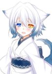  :d animal_ears blue_eyes blush commentary_request heterochromia japanese_clothes kimono konshin long_sleeves looking_at_viewer obi open_mouth orange_eyes orie_hakua original sash simple_background smile solo tail white_background white_kimono wide_sleeves 