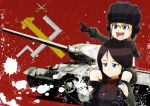  black_hair blonde_hair blue_eyes commentary_request daisuke_(dskman) emblem girls_und_panzer ground_vehicle katyusha long_hair military military_vehicle motor_vehicle multiple_girls nonna pravda_(emblem) pravda_military_uniform red_background smile t-34 tank 