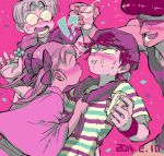  3boys ana_(mother) backwards_hat baseball_cap blush cake closed_eyes confetti cup dated drinking_glass food food_on_face glasses hat imminent_kiss limited_palette lloyd_(mother) mokorobi mother_(game) mother_1 multiple_boys neckerchief neckwear_grab ninten opaque_glasses pink_background pompadour puckered_lips shirt simple_background strawberry_shortcake striped striped_shirt sunglasses teddy_(mother) twintails 