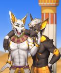  2018 5_fingers anthro black_lips black_nose blue_eyes canine clothed clothing day detailed_background digital_media_(artwork) inner_ear_fluff jackal kero_tzuki male mammal open_mouth outside sky smile teeth tongue topless yellow_eyes 