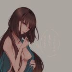  bangs breasts brown_hair commentary_request eyewear_removed fate/grand_order fate_(series) grey_background hickey holding holding_eyewear hollomaru long_hair looking_at_viewer medium_breasts nude open_clothes osakabe-hime_(fate/grand_order) purple_eyes solo thought_bubble translation_request upper_body 