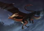  2018 claws detailed_background digital_media_(artwork) dragon fefairy feral flying green_eyes horn male membranous_wings outside scalie sky solo western_dragon wings 