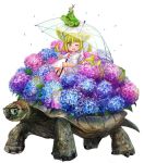  ;d animal animal_ears blonde_hair blue_flower blush boots doitsuken fang flower fox_child_(doitsuken) fox_ears fox_tail frog glasses holding holding_umbrella hydrangea looking_at_viewer on_animal one_eye_closed open_mouth original pink_flower purple_flower rain raincoat riding short_hair simple_background sitting smile snail solo tail tortoise transparent transparent_umbrella turtle umbrella v water_drop white_background white_coat white_footwear yellow_eyes 