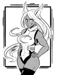  1girl animal_ears boku_no_hero_academia bunny_ears dark_skin eyebrows_visible_through_hair fur_collar hand_on_hip image_sample leotard long_hair long_sleeves looking_at_viewer miruko_(boku_no_hero_academia) open_mouth red_eyes scruffyturtles simple_background smile solo standing tumblr_sample white_background 