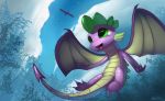  2018 absurd_res auroriia avian bird claws cloud dragon flying friendship_is_magic green_eyes happy hi_res leaves male membranous_wings my_little_pony nude open_mouth open_smile outside portrait scalie signature sky smile solo spade_tail spike_(mlp) spread_wings toe_claws tongue tree wings 