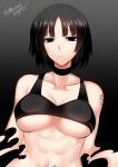  abs bare_shoulders black_background black_bra black_choker black_eyes black_hair bra breasts choker closed_mouth commentary_request dated gradient gradient_background jitome konshin large_breasts looking_at_viewer original short_hair signature solo underboob underwear upper_body 