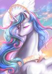  2018 bust_portrait catofrage crown english_text equine eyebrows eyelashes feathered_wings feathers female feral friendship_is_magic glowing glowing_eyes hair half-closed_eyes headdress horn long_hair looking_at_viewer mammal multicolored_hair my_little_pony nude portrait princess_celestia_(mlp) purple_eyes rainbow_hair ribbons royalty sash sky solo sparkles text white_feathers winged_unicorn wings 