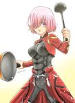  archer archer_(cosplay) artist_name bodysuit breasts commentary_request cosplay dual_wielding fate/grand_order fate/stay_night fate_(series) frown hair_over_one_eye highres holding holding_ladle holding_pan hutomomo_syobou ladle long_sleeves mash_kyrielight medium_breasts navel pink_hair purple_eyes short_hair sparkle 